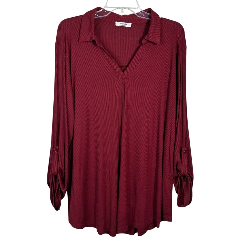 Youtalia Maroon Stretch Ribbed Knit Roll Tab Sleeve Collared Top XXL 2XL Blouse